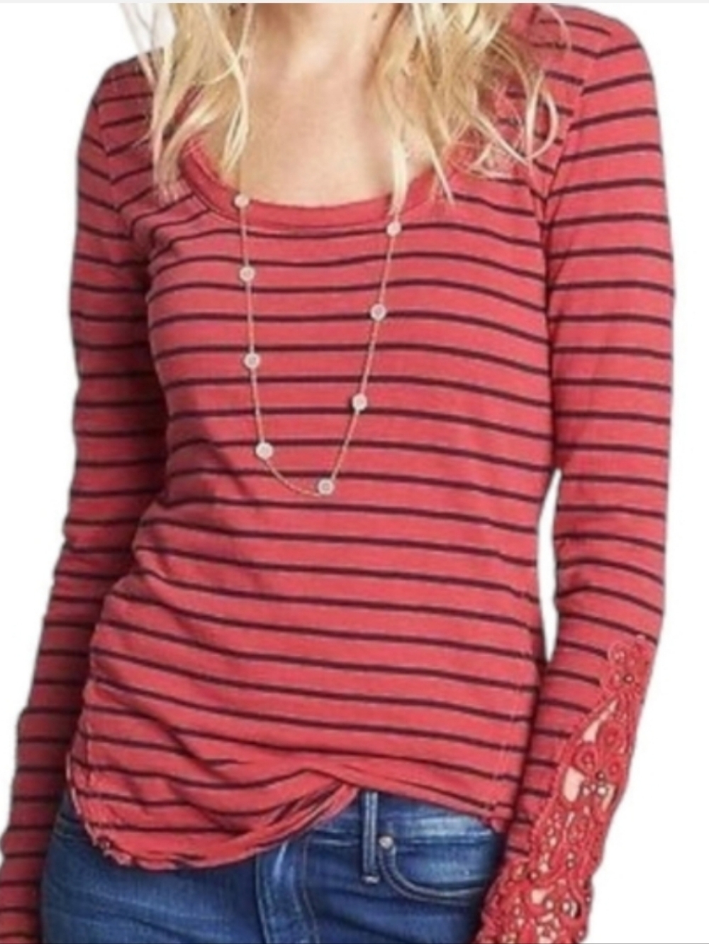 Free People Hard Candy Red With Black Stripe Henley Top EUC